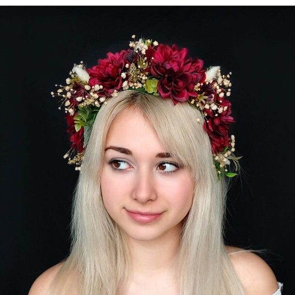 Floral Bridal Crown, Red Flower Wedding Headband Halo Crown, Rustic wreath, Boho Flower Crown Brdesmaid Headpiece