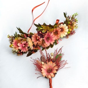 Rustic Flower Bridal Crown, Colorful Boho Crown, Meadow Floral Headband, Flower Crown with Boutonniere, Bridesmaid Crown