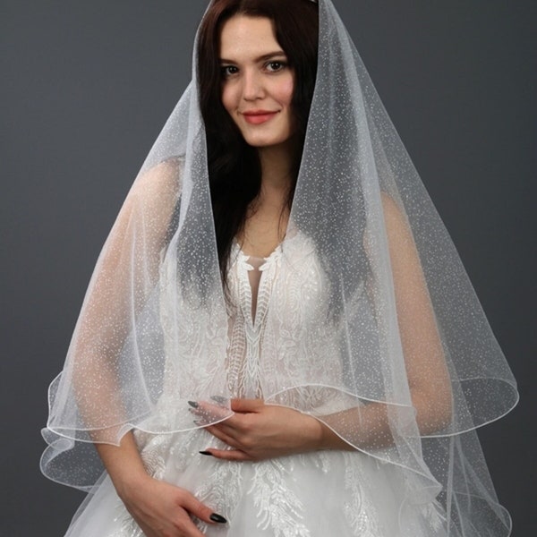 Fingertip 2 Tiers Glitter Bridal Veil, Sparkle Wedding Veil, Off-White Double Layer Hip Length Wedding Veil