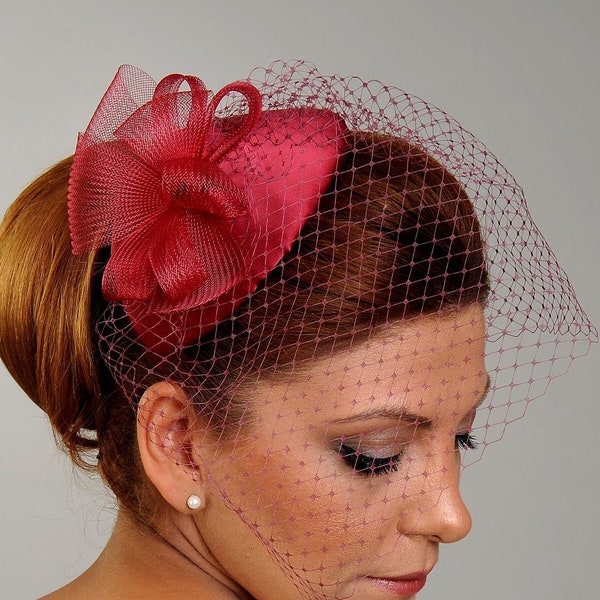 4 Farben Fascinator Hut mit Gesichtsnetz Schleier, Burgunder Cocktailparty Hut für Frauen, Braut Kopfschmuck