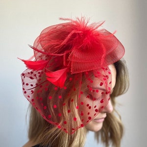 Red Feather Fascinator: Vintage Headpiece with Polka Dot Tulle, Cocktail Tea Party Derby Hat