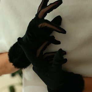 Schwarze Samt Handschuhe mit Kunstpelz Manschetten: Party Cosplay Handschuhe