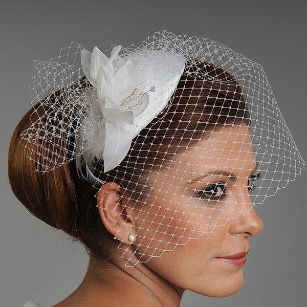 Floral Bridal Fascinator Face Veil, Ivory Hair Fascinator Hat, Cocktail Wedding Headpiece with Birdcage Veil