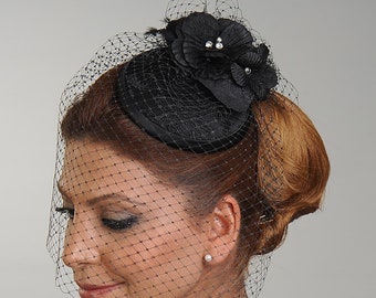 Black Flower Fascinator Wedding Hat, Funeral Hat, Pillbox Church Fascinator Hat with Face Netting, Mini Hat for Women