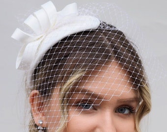 Stylish Bridal Fascinator Hat with Birdcage Veil, Ivory Wedding Mini Hat Face Netting, Cocktail Hat, Bridal Headpiece