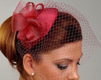 4 Colors Fascinator Hat with Face Netting Veil, Burgundy Cocktail Party Hat for Women, Bridal Headpiece