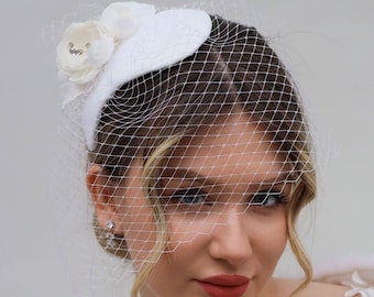 Flower Bridal Fascinator Hat, White Birdcage Veil, Wedding Party Hat with Face Netting , Bridal Veil Fascinator for Women