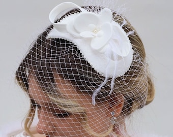 Bridal Birdcage Fascinator Hat Orchid Flower, Fascinator with Netting and Feathers for Weddings