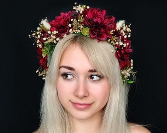 Floral Bridal Crown, Red Flower Wedding Headband Halo Crown, Rustic wreath, Boho Flower Crown Brdesmaid Headpiece