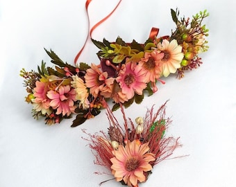 Couronne de mariée de fleurs rustiques, couronne Boho colorée, bandeau floral de prairie, couronne de fleurs avec boutonnière, couronne de demoiselle d'honneur
