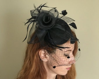 Black Pillbox Hat With Birdcage Fascinator Veil Black Wool  display picture 3