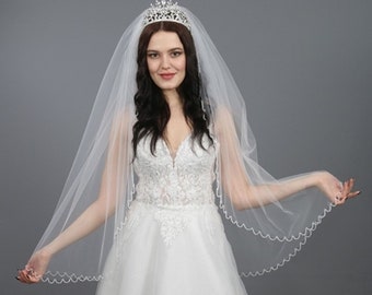 Crystal Beaded Wedding Veil, Fingertip Bridal Veil Crystal Edges, Beaded Veil 1 or 2 Tiers Rhinestone Edges Off-White Color