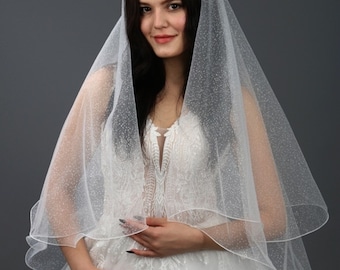 Fingertip 2 Tiers Glitter Bridal Veil, Sparkle Wedding Veil, Off-White Double Layer Hip Length Wedding Veil