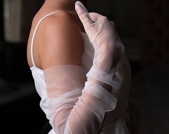 Lange Tüll-Brauthandschuhe, schiere weiße Tüll-Hochzeits-Armstulpen, schwarze Tüll-Schiere-Handschuhe, Braut-Accessoires