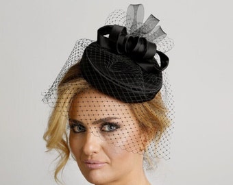 Black Pillbox Fascinator Hat: Handmade Birdcage Veil, Cocktail Race Hat, Funeral, Church
