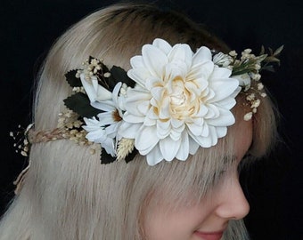 Dahlia Flower Wedding Crown, Bridal Headband Floral, Bohemian Headpiece, Bachelorette Flower Straw Headband