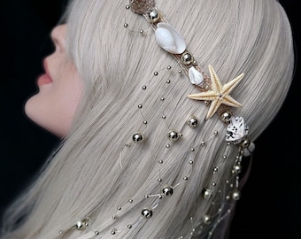 Seashell Bridal Crown Headband, Boho Wedding Tiara Crown, Gold Pearl Headpiece for Bride/Beach Party