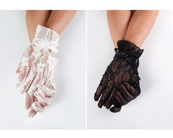Sheer Lace Bridal Gloves Short Ruffle Lace Wedding Gloves White Black Lace Tea Party Gloves With Frill Detail Etsy UK