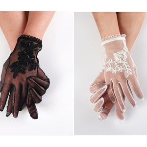 Lace Embroidered Bridal Gloves, Sheer Tulle Wedding Gloves, Evening Gloves for Women, Tea Party, Cosplay