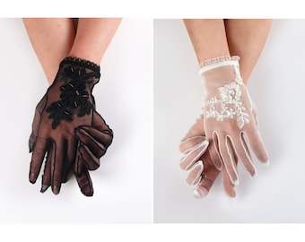 Lace Embroidered Bridal Gloves, Sheer Tulle Wedding Gloves, Evening Gloves for Women, Tea Party, Cosplay