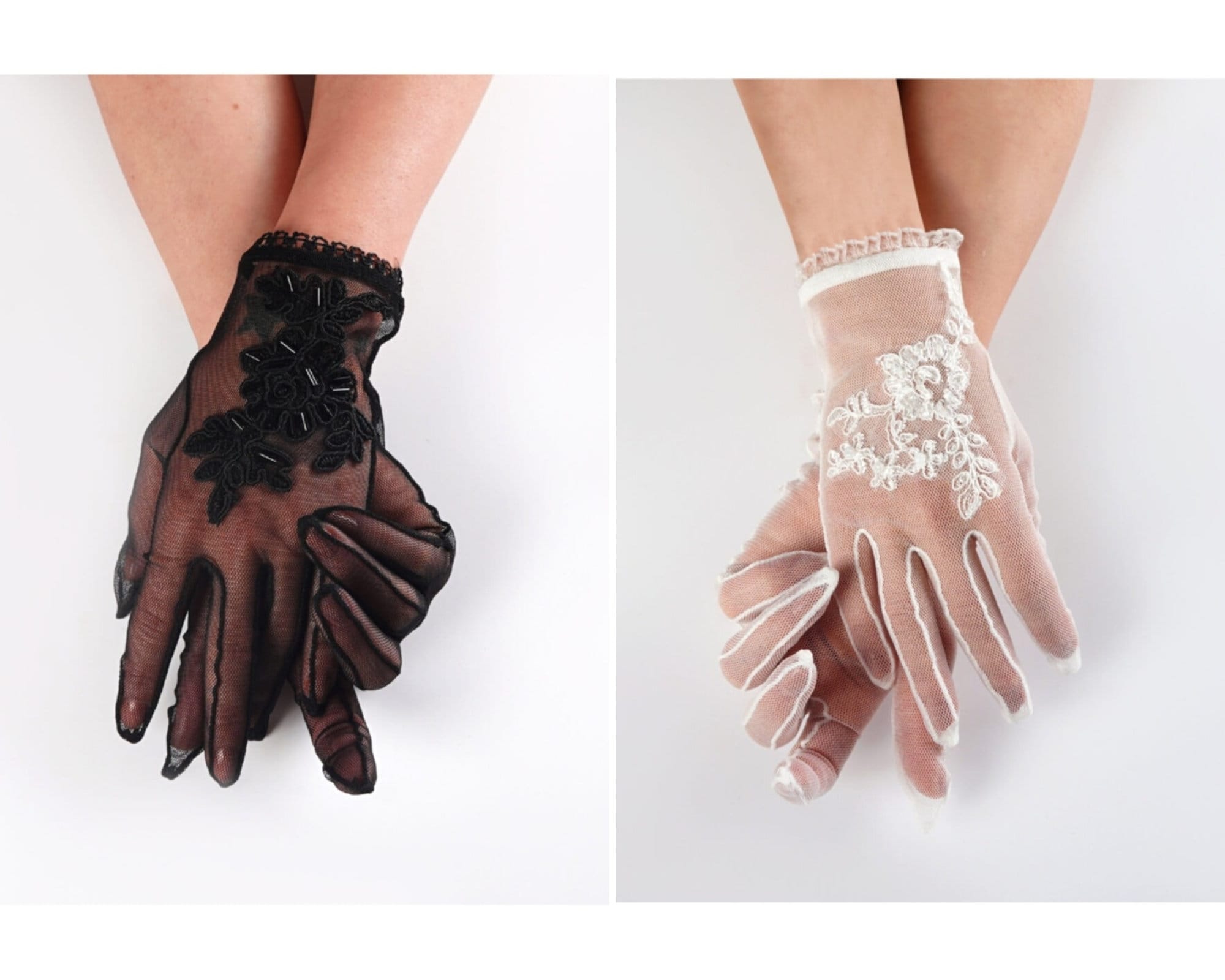 Sweet Lolita Elegant Bowknot Beads Cluster Bridal Floral Lace Gloves Gothic  Retro Sheer Short Wrist Length Gloves for Wedding Parties