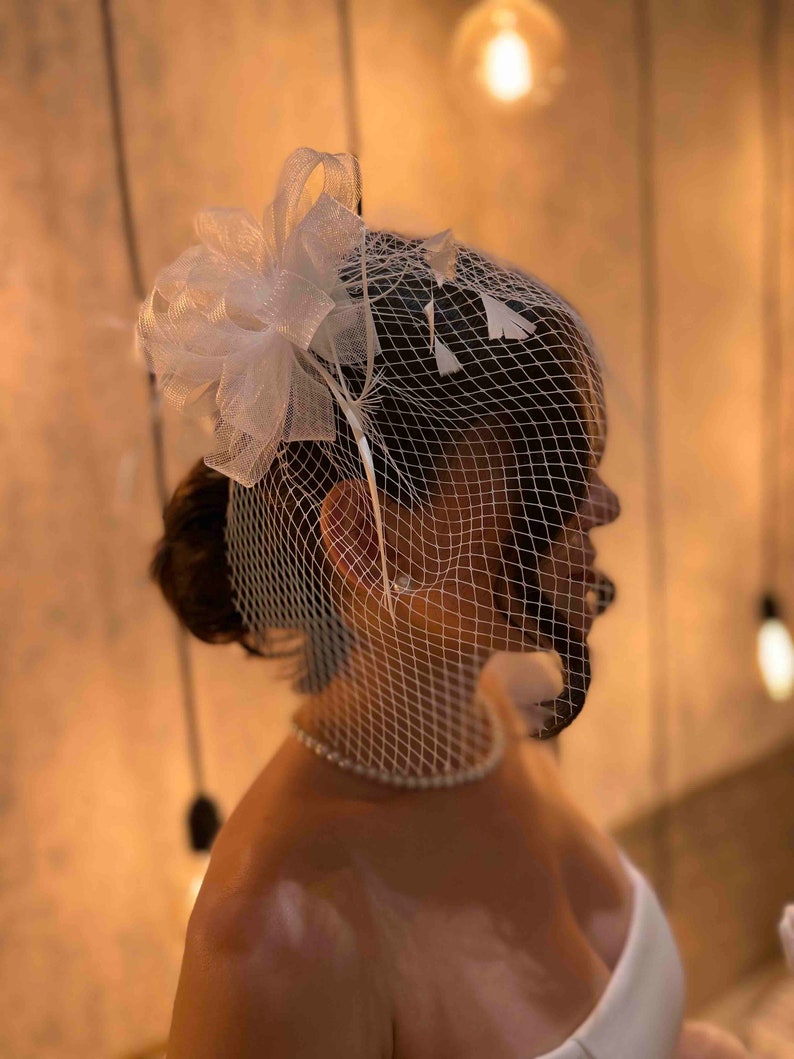 Plume Cheveux Fascinator Birdcage Veil, Bridal Shower Headpiece, Head Bow Minimalist Wedding Fascinator with Veil image 8