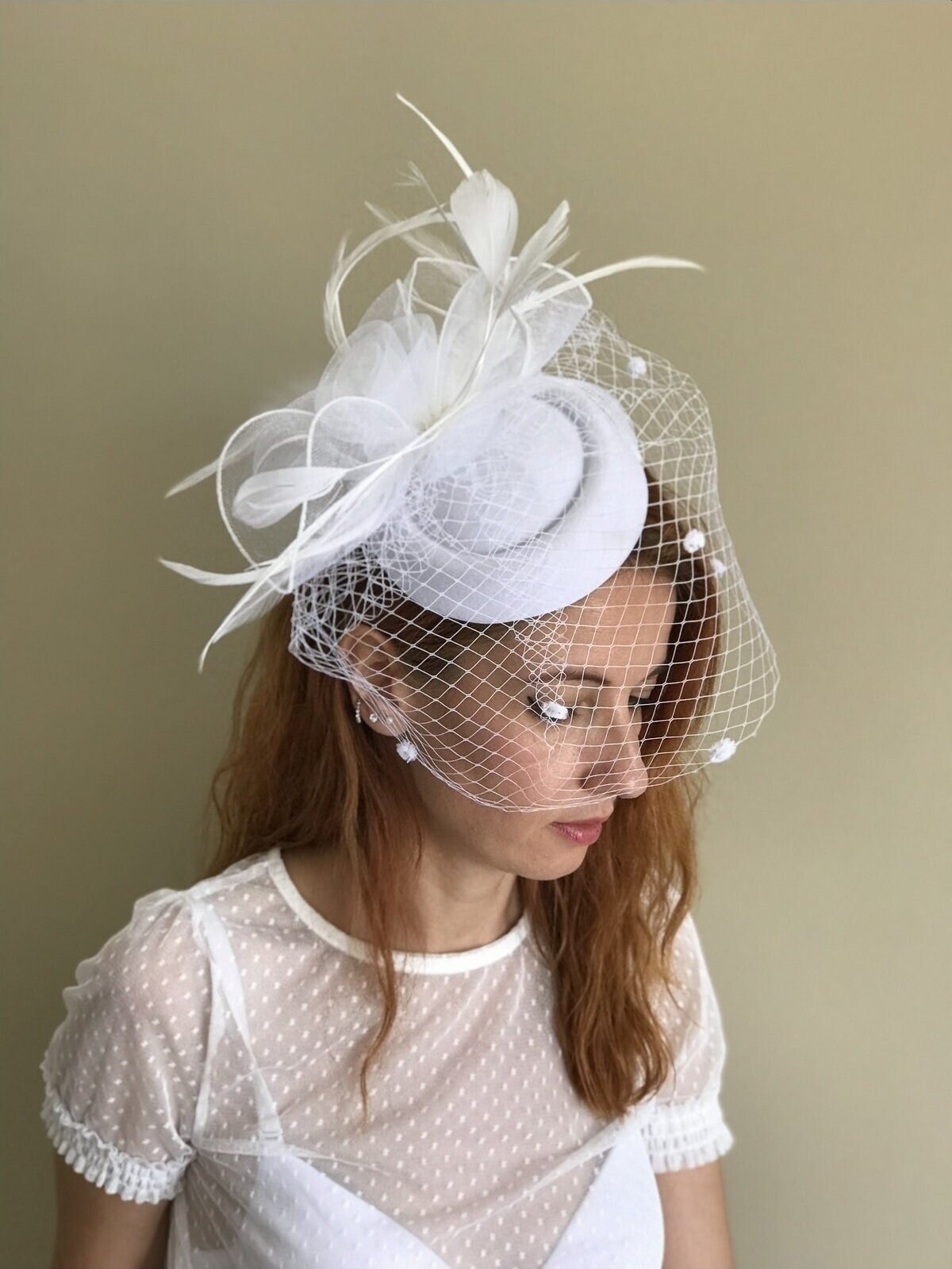 Bridal Pillbox Hat Birdcage Veil: Feather Fascinator With 