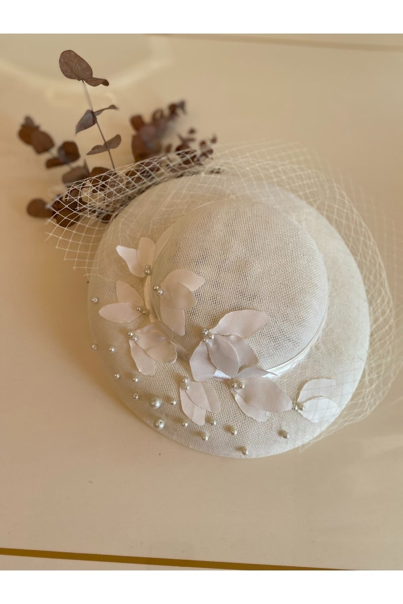 Bridal Fascinator Hat Birdcage, Flower Pearl Wedding Hat with Mesh Veil, Cream Top Hat Face Tulle image 1