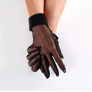 Schwarze Tüll Handschuhe mit Stulpen, Schiere Brauthandschuhe, Klassische Handschuhe für Theater, Cosplay, Tea Party