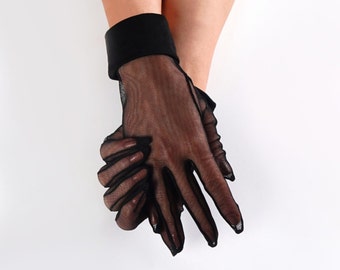 Black Tulle Gloves with Cuffs, Sheer Bridal Gloves, Classy Gloves for Theatre, Cosplay, Tea Party