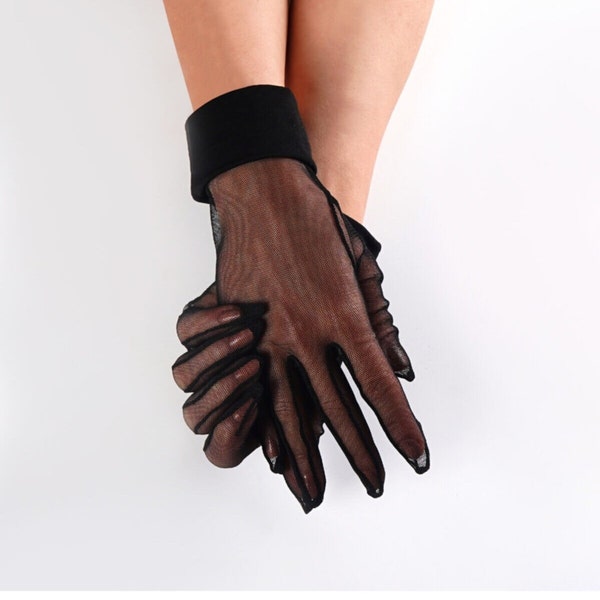 Black Tulle Gloves with Cuffs, Sheer Bridal Gloves, Classy Gloves for Theatre, Cosplay, Tea Party