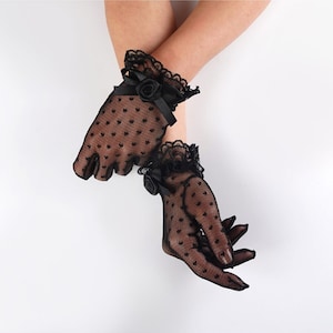 Schiere Polka Dot Handschuhe, schwarze Brauthandschuhe mit Rüschen, Frauen-formelle Handschuhe für Hochzeit, Tee-Party, Cosplay