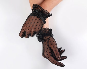 Bruidshandschoenen met pure polkadot: zwarte pols met ruches, cosplayhandschoenen