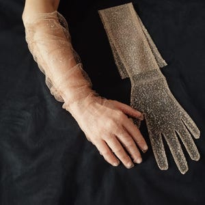 Glitter Long Tulle Bridal Gloves, Sheer Sparkle Wedding Gloves, Elbow Length Glitter Gloves for Women, Different Styles