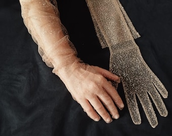 Glitter Long Tulle Bridal Gloves, Sheer Sparkle Wedding Gloves, Elbow Length Glitter Gloves for Women, Different Styles