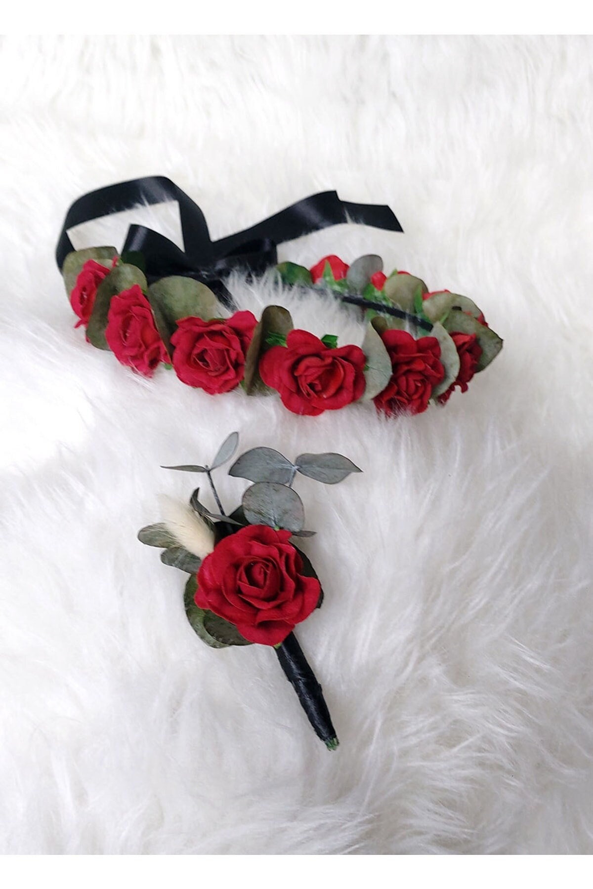Red Rose Bridal Crown: Dried Floral Headband & Boutonniere  display picture 1