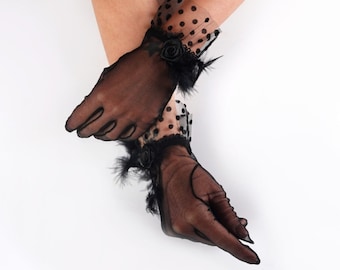 Bruidshandschoenen tule veren: zwarte cosplayhandschoenen met ruches, theekransje