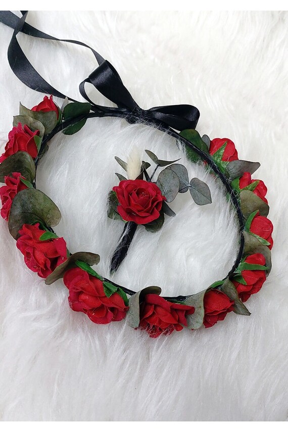 Red Rose Bridal Crown: Dried Floral Headband & Boutonniere  display picture 3