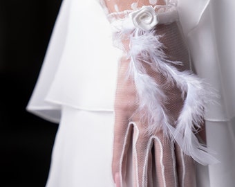 Short Transparent Bridal Gloves, Feather Tulle Wedding Gloves, Sheer Tulle Gloves, Bridal Accessories