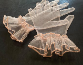 Pink Ruffle Tulle Gloves: Transparent Bridal Cosplay Gloves