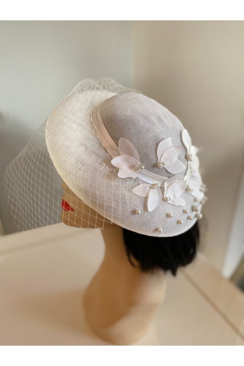 Bridal Fascinator Hat Birdcage, Flower Pearl Wedding Hat with Mesh Veil, Cream Top Hat Face Tulle image 2