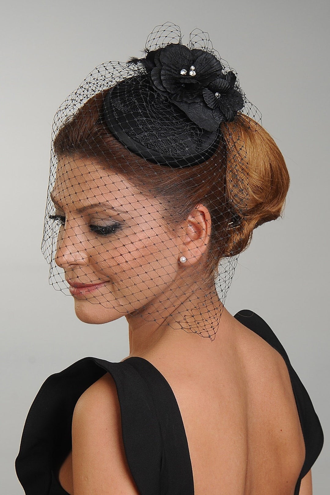 Black Flower Fascinator Wedding Hat, Funeral Hat, Pillbox Church
