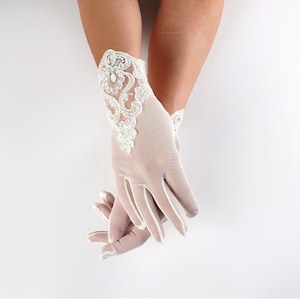 White French Lace Bridal Gloves, Short Lace Wedding Gloves, Sheer Bridal Accessory, Embroidered Lace