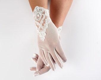 White French Lace Bridal Gloves: Elegant Embroidered Wedding Gloves