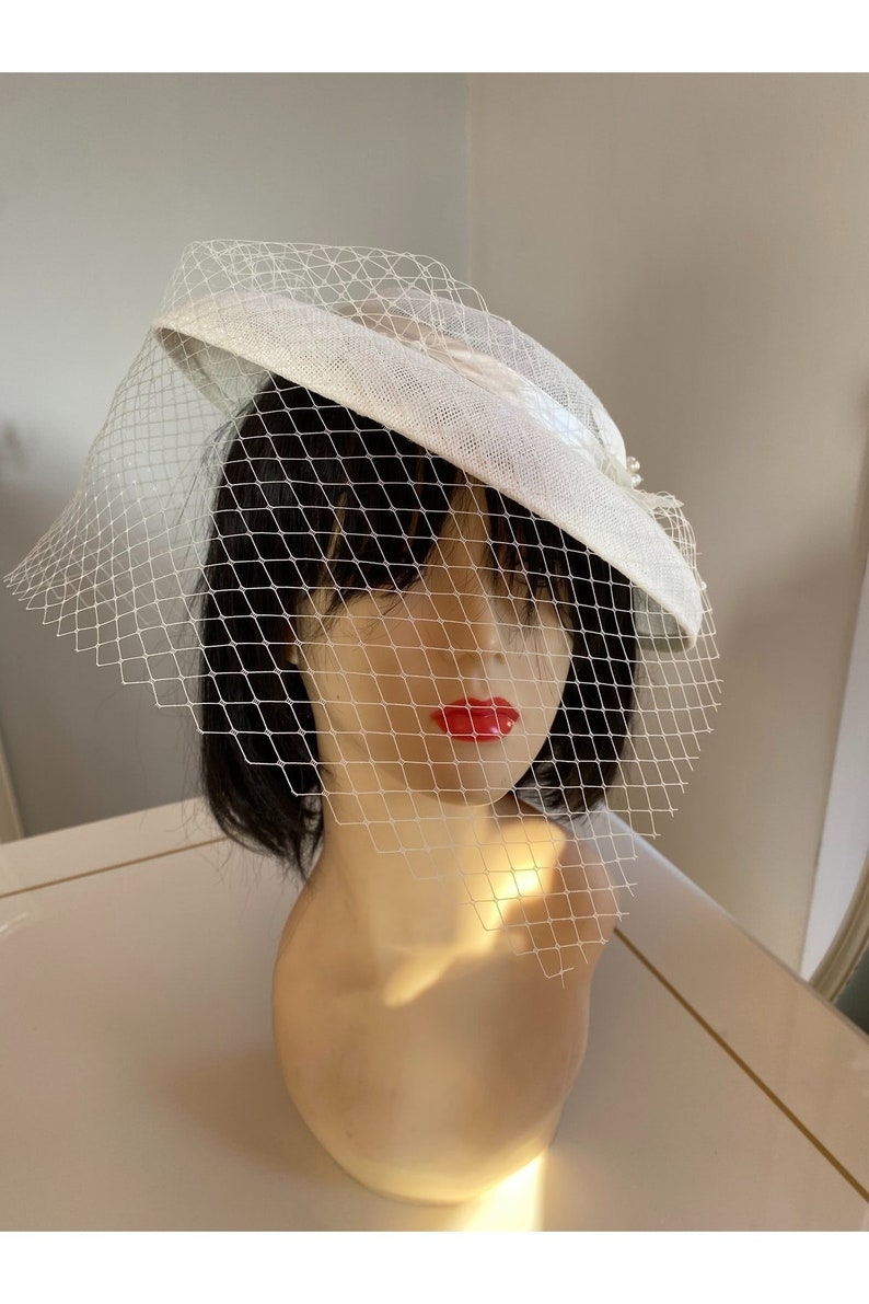 Bridal Fascinator Hat Birdcage, Flower Pearl Wedding Hat with Mesh Veil, Cream Top Hat Face Tulle image 3