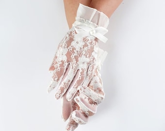 Guantes de novia de encaje transparente: guantes de boda con volantes, blanco y negro