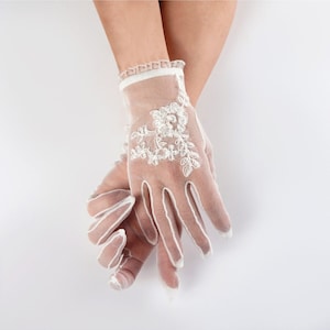 Lace Embroidered Bridal Gloves, Sheer Tulle Wedding Gloves, Evening Gloves for Women, Tea Party, Cosplay