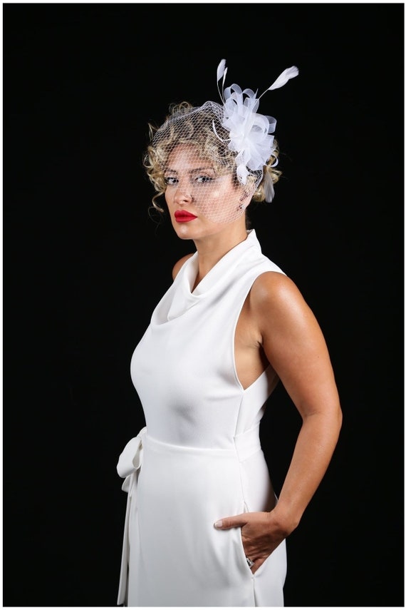 Feather Bridal Hair Fascinator: White Birdcage Veil, Wedding  display picture 1