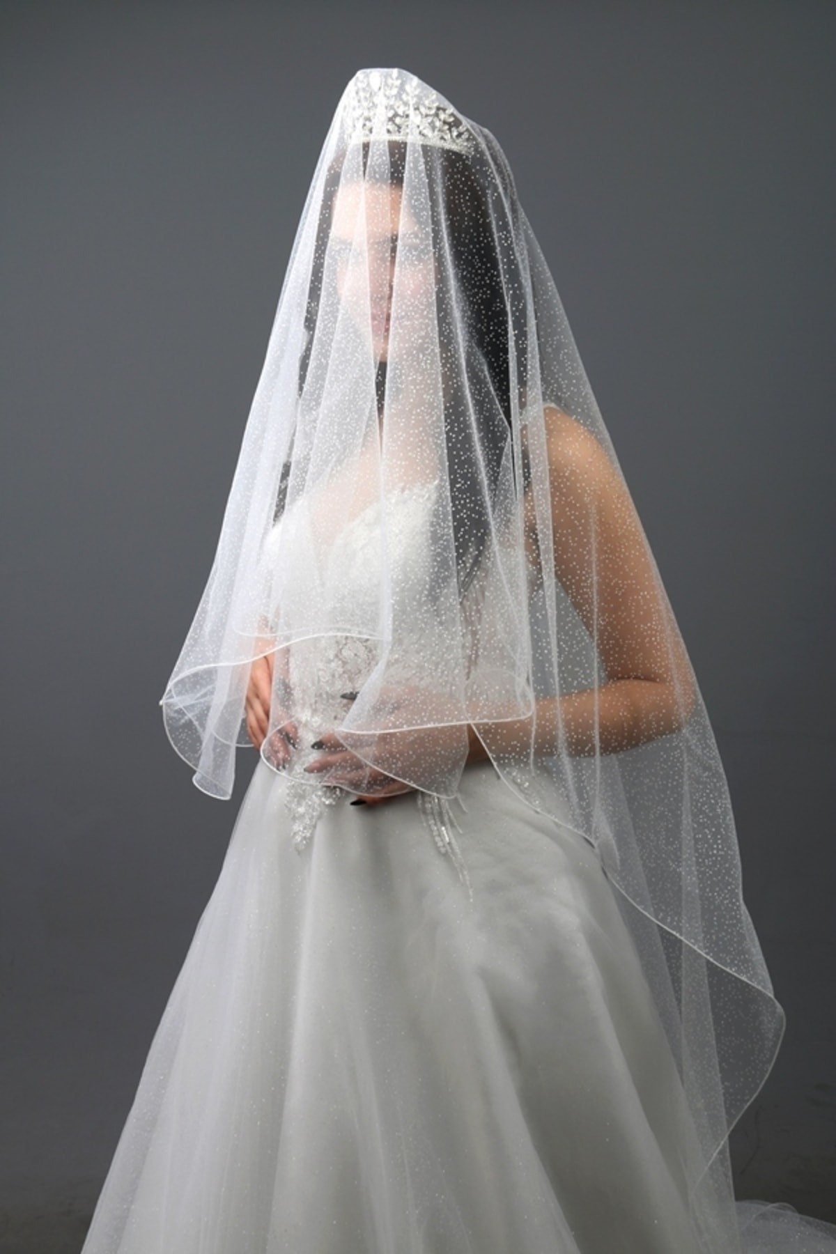 Glitter Cathedral Wedding Veil With Comb: Double Tier Tulle  display picture 1