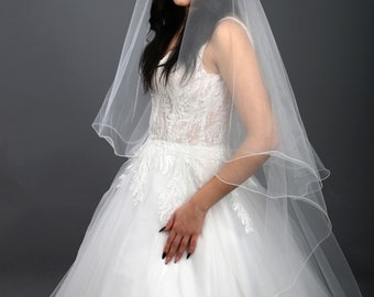 Knee Length Bridal Veil 2 Tiers, Waltz 66 inch Wedding Veil Soft Tulle, Long Wavy Edges Veil with Comb